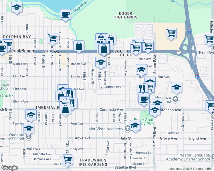 map of restaurants, bars, coffee shops, grocery stores, and more near 935 Harwood Street in San Diego