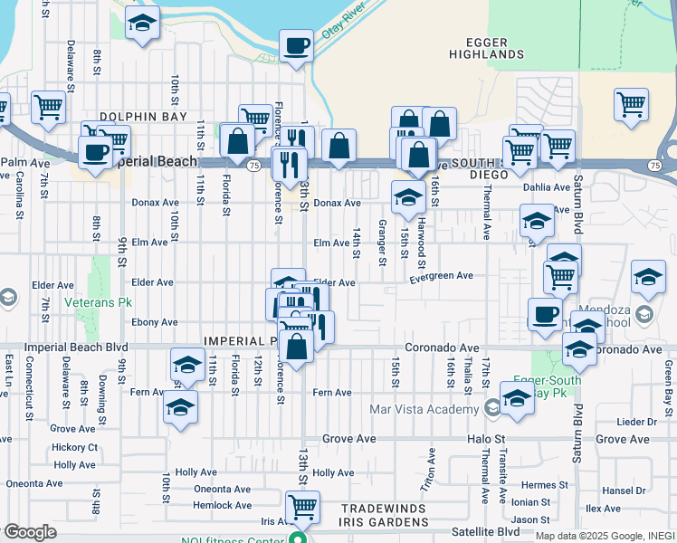map of restaurants, bars, coffee shops, grocery stores, and more near 930 14th Street in San Diego