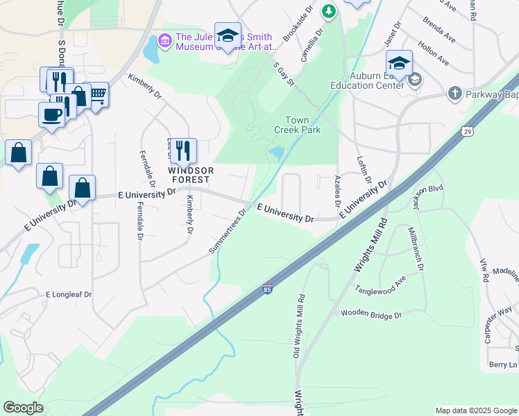 map of restaurants, bars, coffee shops, grocery stores, and more near 489091 East University Drive in Auburn