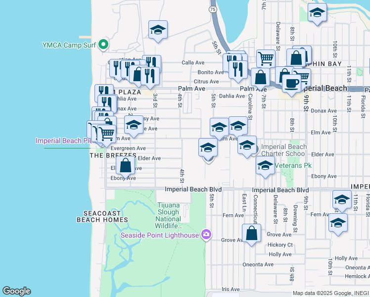 map of restaurants, bars, coffee shops, grocery stores, and more near 927 4th Street in Imperial Beach