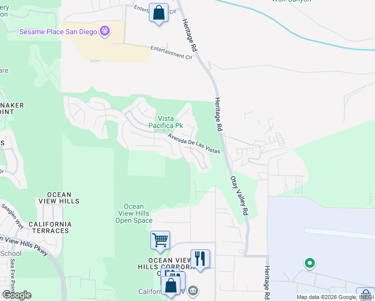 map of restaurants, bars, coffee shops, grocery stores, and more near 6253 Avenida De Las Vistas in San Diego
