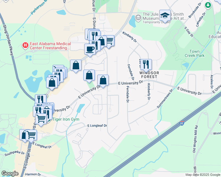 map of restaurants, bars, coffee shops, grocery stores, and more near 200 East University Drive in Auburn
