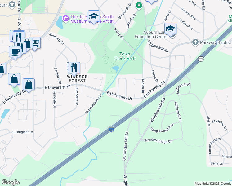 map of restaurants, bars, coffee shops, grocery stores, and more near 489091 East University Drive in Auburn