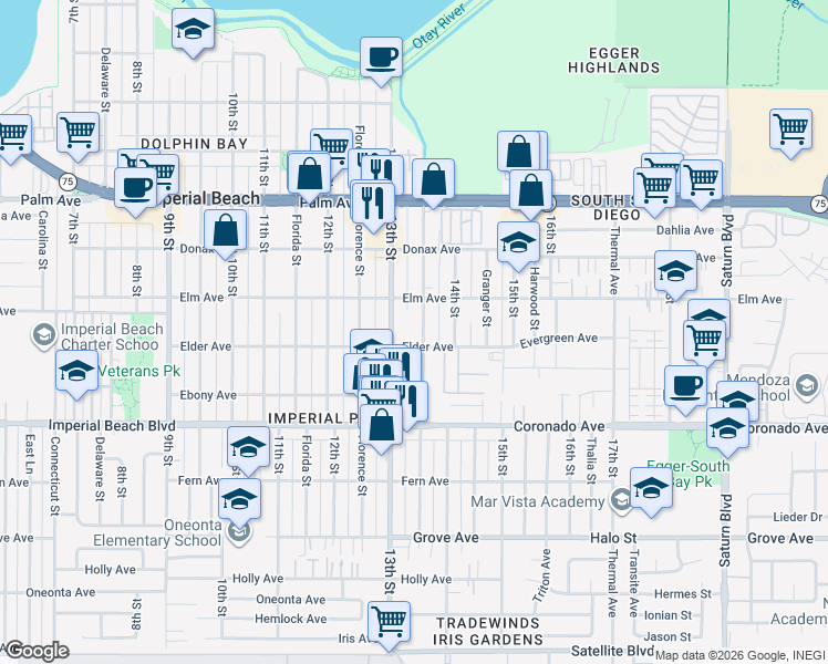 map of restaurants, bars, coffee shops, grocery stores, and more near 940-42 Georgia Street in Imperial Beach