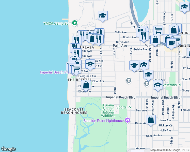 map of restaurants, bars, coffee shops, grocery stores, and more near 227 Elm Avenue in Imperial Beach