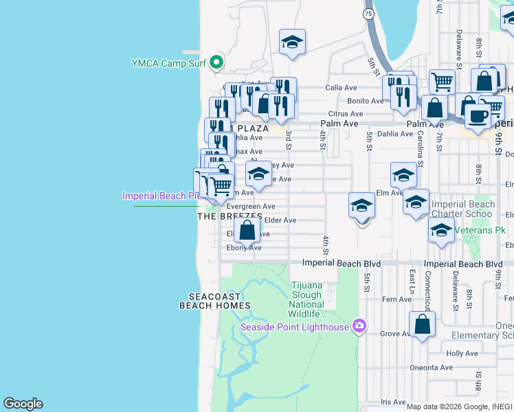 map of restaurants, bars, coffee shops, grocery stores, and more near 227 Elm Avenue in Imperial Beach