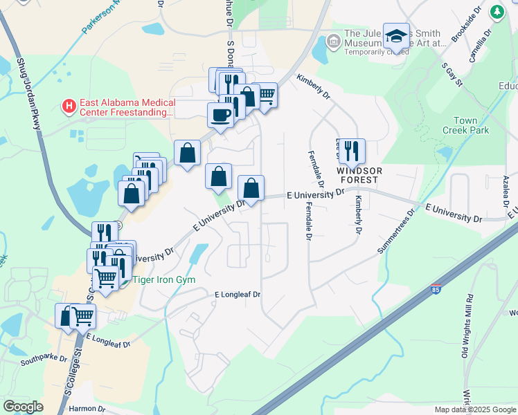 map of restaurants, bars, coffee shops, grocery stores, and more near 200 East University Drive in Auburn