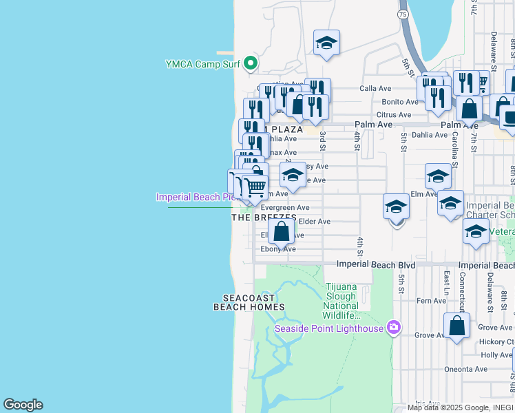 map of restaurants, bars, coffee shops, grocery stores, and more near 916 Ocean Lane in Imperial Beach