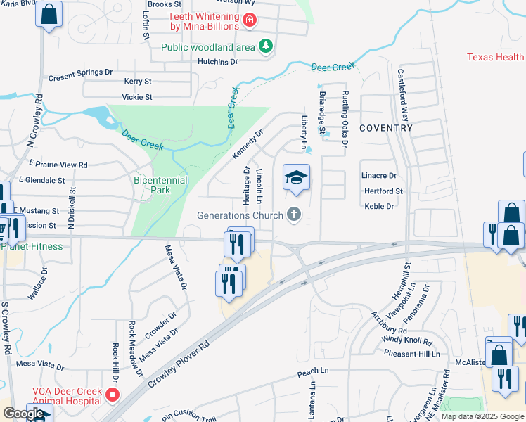 map of restaurants, bars, coffee shops, grocery stores, and more near 132 Lincoln Lane in Crowley