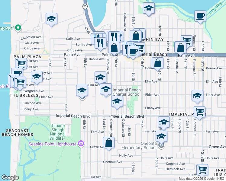 map of restaurants, bars, coffee shops, grocery stores, and more near 909 Connecticut Street in Imperial Beach