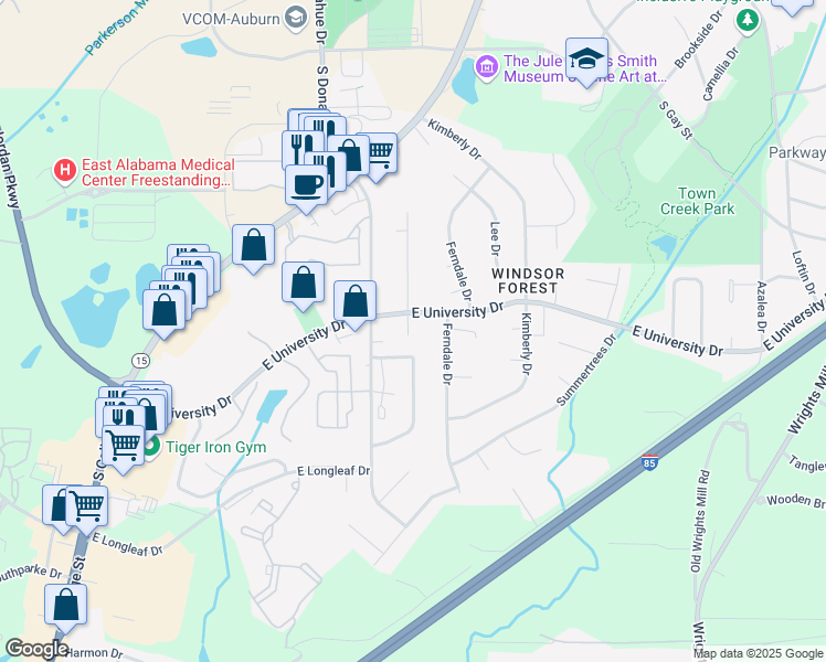 map of restaurants, bars, coffee shops, grocery stores, and more near 204 East University Drive in Auburn