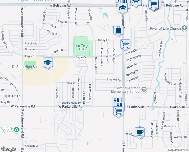 map of restaurants, bars, coffee shops, grocery stores, and more near 545 Newcastle Drive in DeSoto