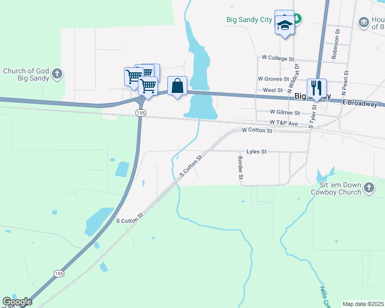 map of restaurants, bars, coffee shops, grocery stores, and more near 602 West Cotton Street in Big Sandy