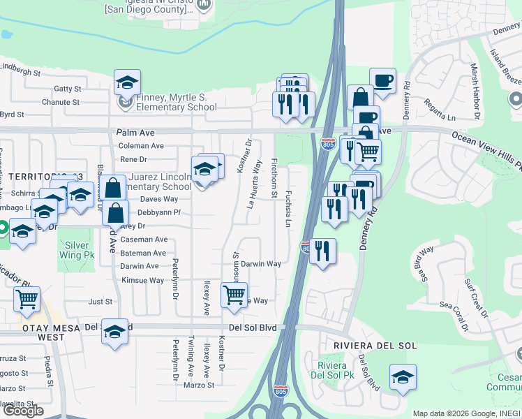 map of restaurants, bars, coffee shops, grocery stores, and more near 908 Arrecife Court in San Diego