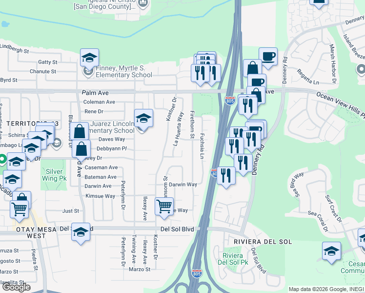 map of restaurants, bars, coffee shops, grocery stores, and more near 908 Arrecife Court in San Diego