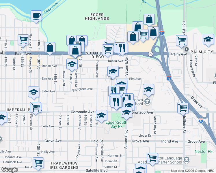 map of restaurants, bars, coffee shops, grocery stores, and more near 1744 Gentle Current Way in San Diego