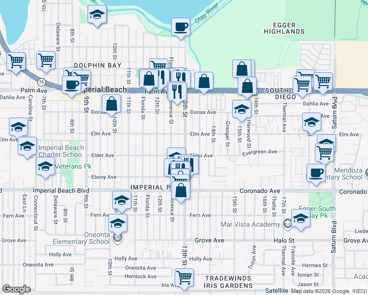 map of restaurants, bars, coffee shops, grocery stores, and more near 935 1/2 Florence Street in Imperial Beach