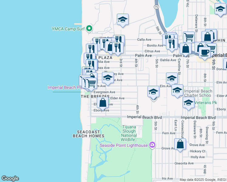 map of restaurants, bars, coffee shops, grocery stores, and more near 227 Elm Avenue in Imperial Beach