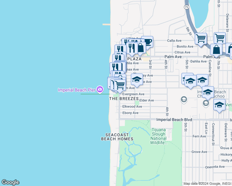 map of restaurants, bars, coffee shops, grocery stores, and more near in Imperial Beach