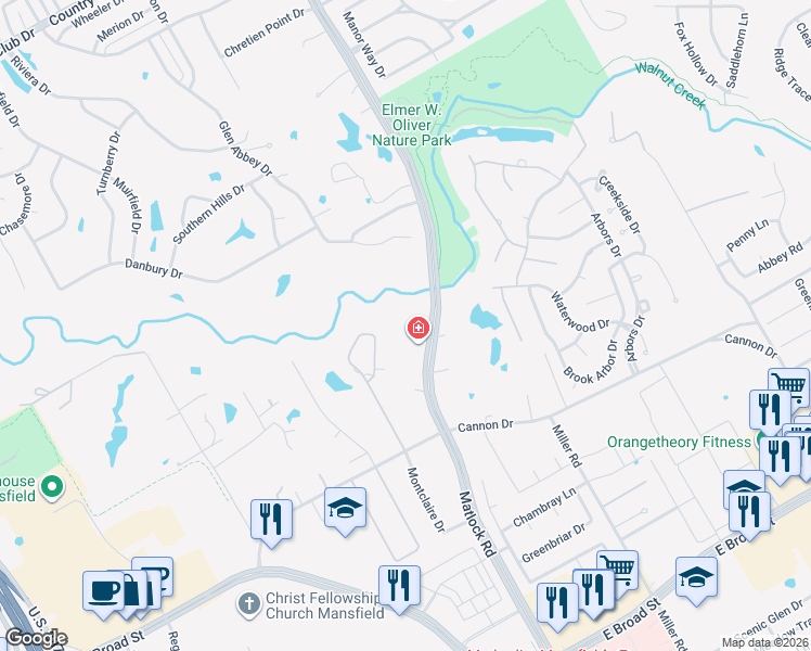 map of restaurants, bars, coffee shops, grocery stores, and more near 1101 Matlock Road in Mansfield