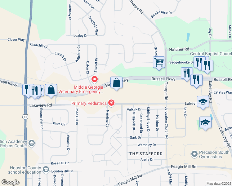 map of restaurants, bars, coffee shops, grocery stores, and more near 4501 Russell Parkway in Warner Robins