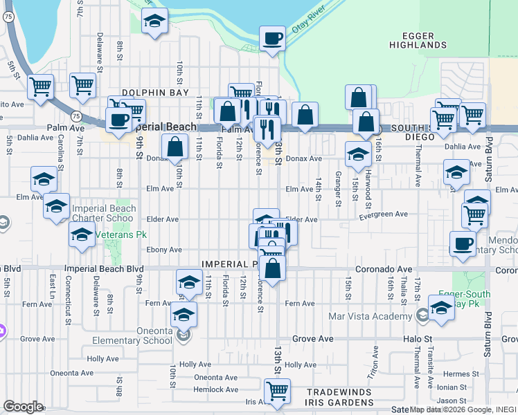 map of restaurants, bars, coffee shops, grocery stores, and more near 935 1/2 Florence Street in Imperial Beach