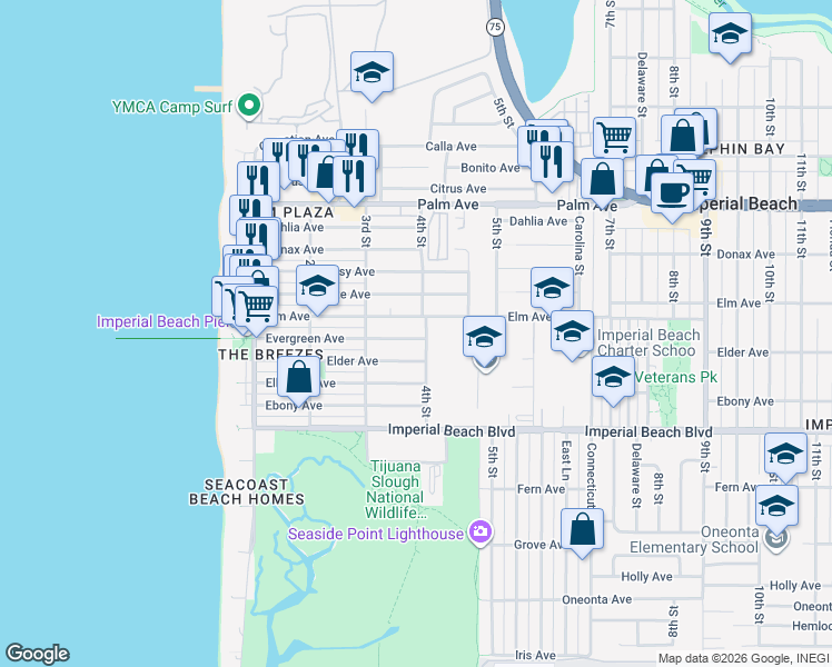 map of restaurants, bars, coffee shops, grocery stores, and more near 363 Elm Avenue in Imperial Beach