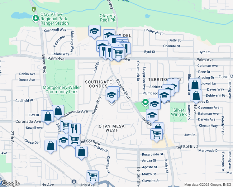 map of restaurants, bars, coffee shops, grocery stores, and more near 3304 Via Tonga in San Diego