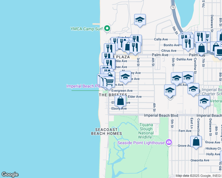 map of restaurants, bars, coffee shops, grocery stores, and more near 100 Evergreen Avenue in Imperial Beach