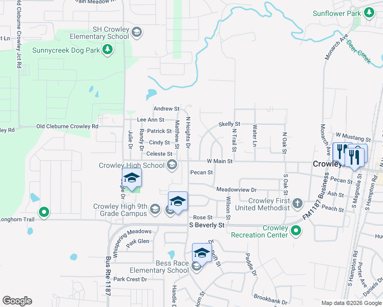 map of restaurants, bars, coffee shops, grocery stores, and more near 104 North Heights Drive in Crowley