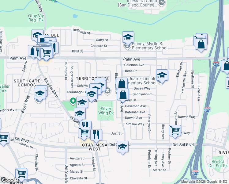 map of restaurants, bars, coffee shops, grocery stores, and more near 938 Blackwood Drive in San Diego