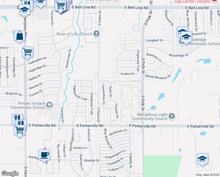 map of restaurants, bars, coffee shops, grocery stores, and more near 608 Duke Drive in DeSoto