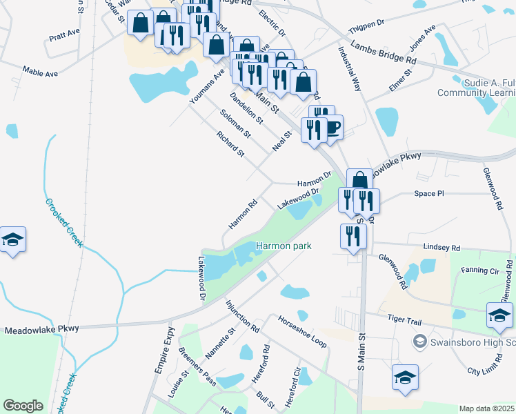 map of restaurants, bars, coffee shops, grocery stores, and more near 317 Harmon Road in Swainsboro