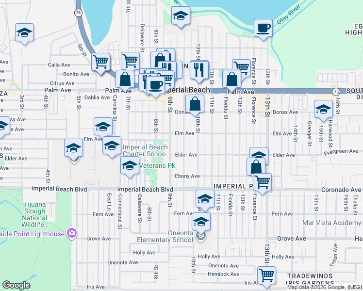 map of restaurants, bars, coffee shops, grocery stores, and more near 935 9th Street in Imperial Beach