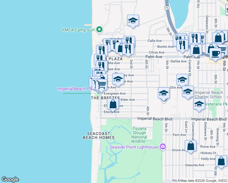 map of restaurants, bars, coffee shops, grocery stores, and more near 157 Elm Avenue in Imperial Beach