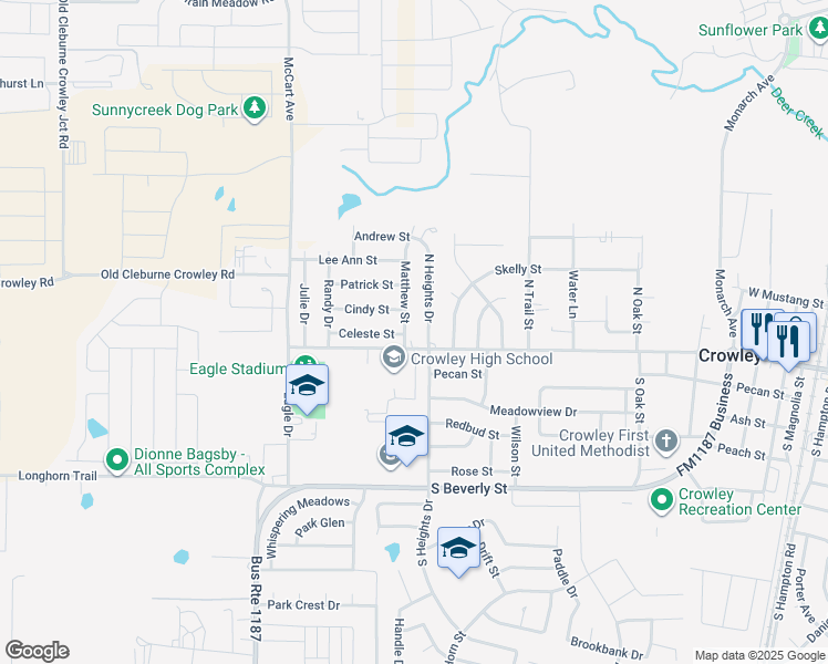 map of restaurants, bars, coffee shops, grocery stores, and more near 1100 Celeste Street in Crowley