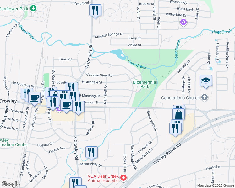 map of restaurants, bars, coffee shops, grocery stores, and more near 729 East Mustang Street in Crowley