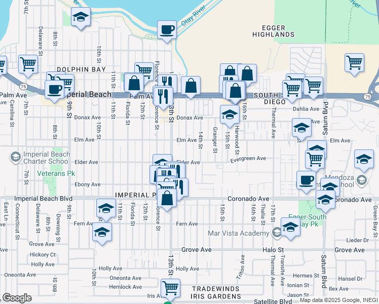map of restaurants, bars, coffee shops, grocery stores, and more near 943 Georgia Street in Imperial Beach