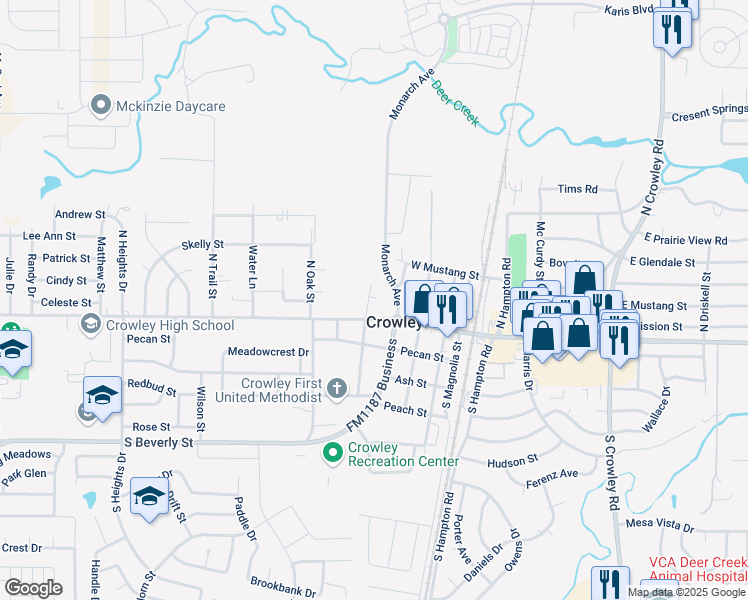 map of restaurants, bars, coffee shops, grocery stores, and more near 108 North Midway Street in Crowley