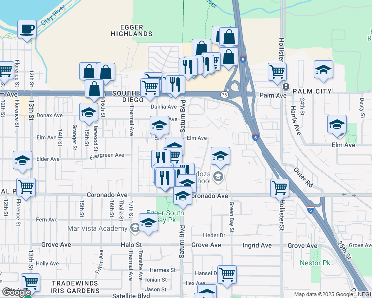 map of restaurants, bars, coffee shops, grocery stores, and more near 925 Saturn Boulevard in San Diego