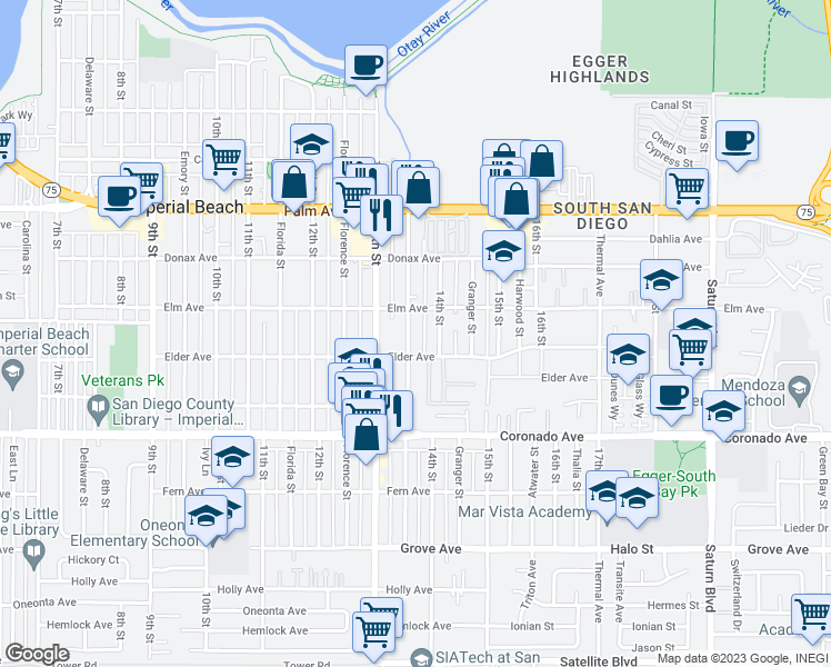 map of restaurants, bars, coffee shops, grocery stores, and more near 943 Georgia Street in Imperial Beach