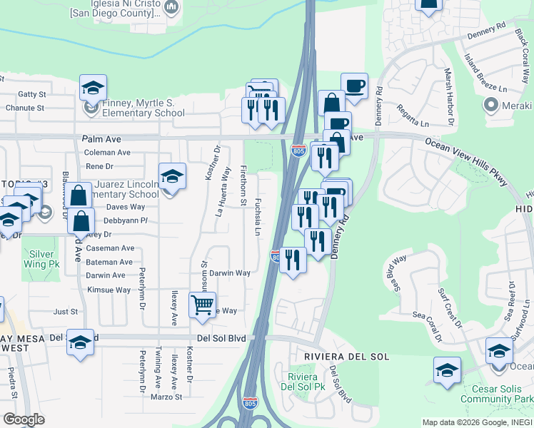 map of restaurants, bars, coffee shops, grocery stores, and more near 4385 El Cedro Court in San Diego