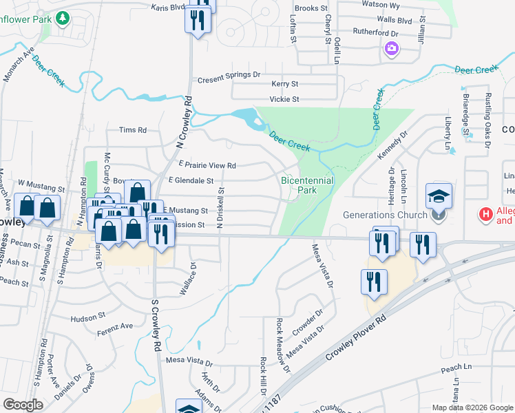 map of restaurants, bars, coffee shops, grocery stores, and more near 809 East Mustang Street in Crowley