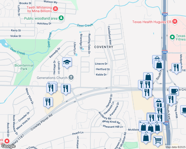map of restaurants, bars, coffee shops, grocery stores, and more near 12220 Worchester Drive in Crowley