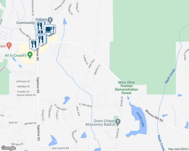 map of restaurants, bars, coffee shops, grocery stores, and more near Marley Lane in Auburn