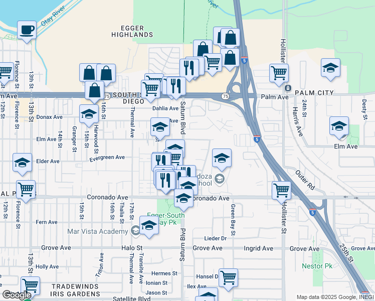map of restaurants, bars, coffee shops, grocery stores, and more near 925 Saturn Boulevard in San Diego
