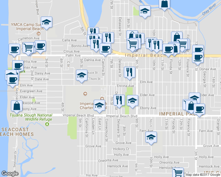 map of restaurants, bars, coffee shops, grocery stores, and more near 920 7th Street in Imperial Beach