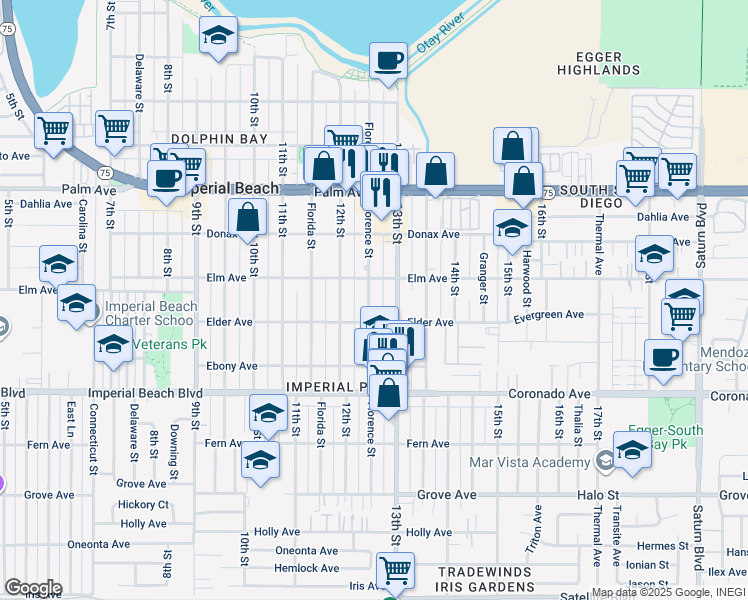 map of restaurants, bars, coffee shops, grocery stores, and more near 935 1/2 Florence Street in Imperial Beach