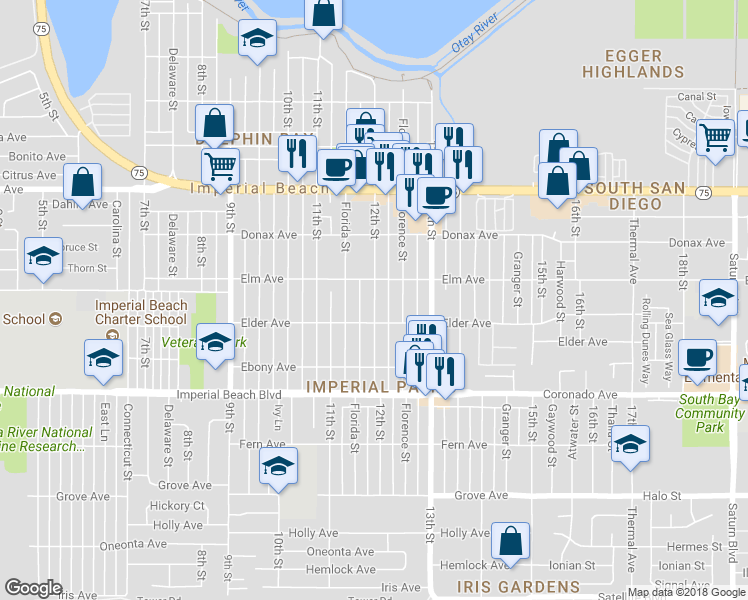 map of restaurants, bars, coffee shops, grocery stores, and more near 938 12th Street in Imperial Beach