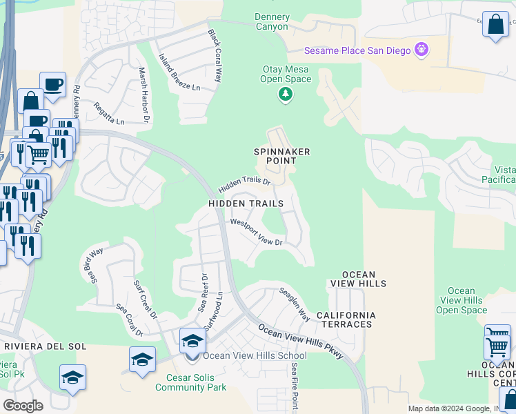map of restaurants, bars, coffee shops, grocery stores, and more near 5222 Mariner Drive in San Diego